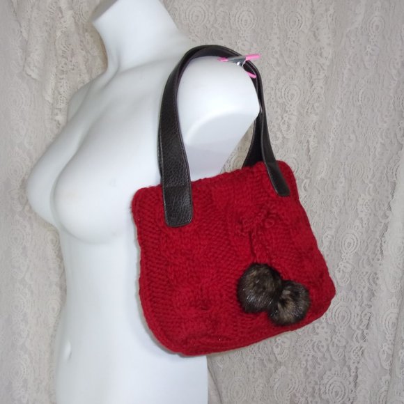 Fashion Handbag Red Knit with Mink Pom Pom Drawstring - Picture 1 of 3